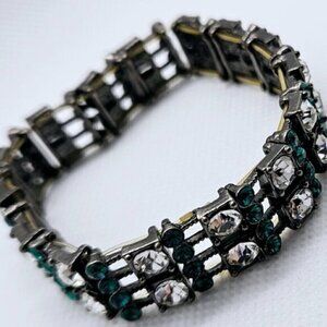 Gunmetal Stretch Bracelet w/ Clear & Emerald Rhinestones – Vintage Style